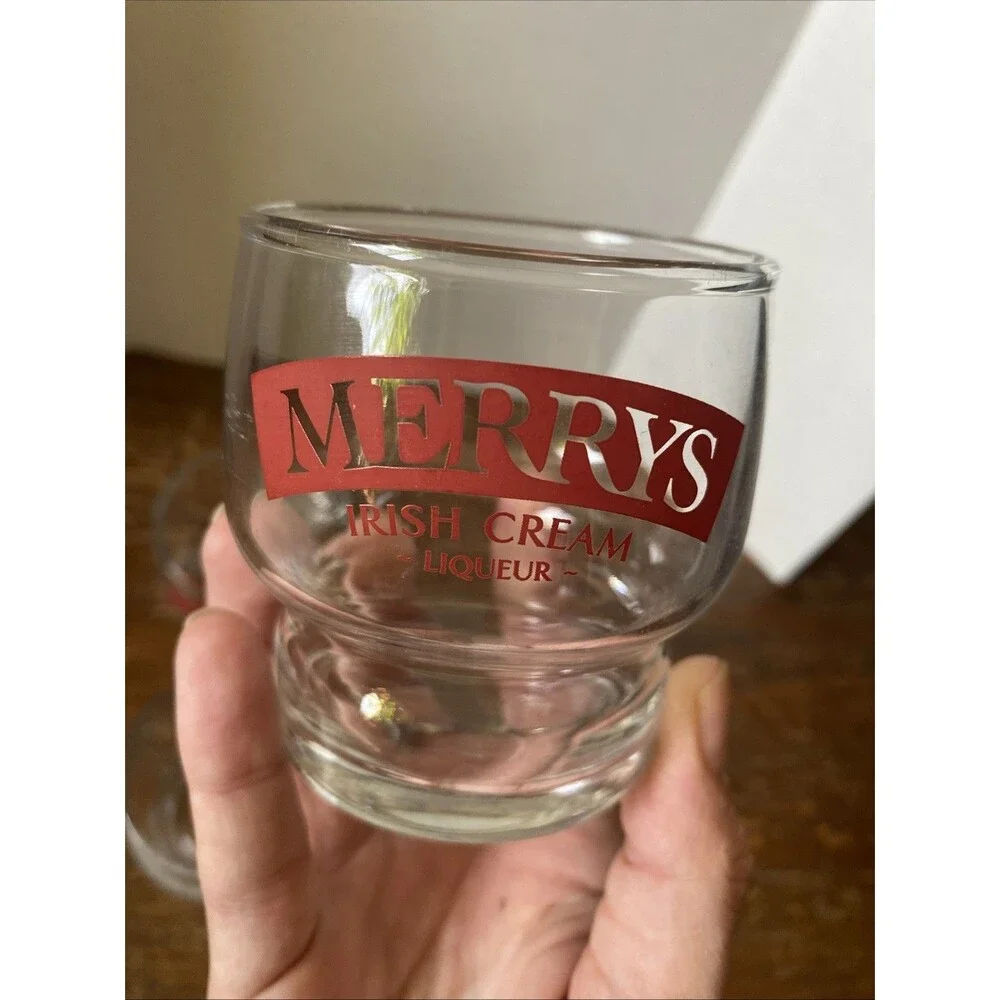 Merrys Irish Cream Liqueur Whiskey Glasses Set of 4 Red & White Letters VTG